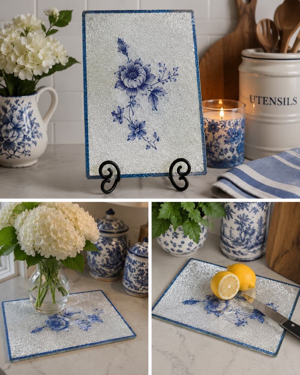 Blue & White Floral Glass Cutting Board Counter Saver Chinoiserie Cottage Decor